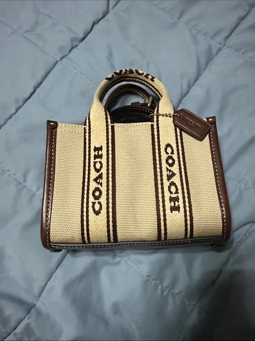 COACH Beige Canvas Mini Tote with Brown Leather Trim Authentic